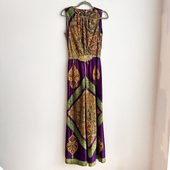Vintage Algo 70s Wild Paisley Print Wide Leg Jumpsuit S - Picture 3 of 9